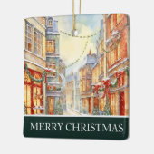 水彩冬の通りシーンクリスマス セラミックオーナメント (左)