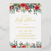 水彩冬の開花ガーランドベビーシャワー 箔招待状 (正面)