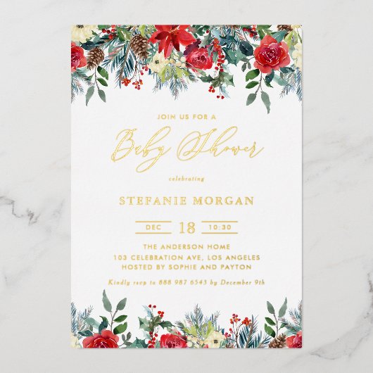 水彩冬の開花ガーランドベビーシャワー 箔招待状 (正面)