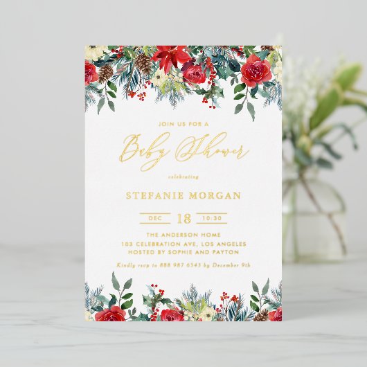 水彩冬の開花ガーランドベビーシャワー 箔招待状 (立ち正面)