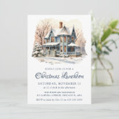 水彩冬の雪のシーンのクリスマスランチ 招待状 (スタンド正面)