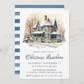 水彩冬の雪のシーンのクリスマスランチ 招待状 (正面/裏面)