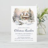 水彩冬の雪のシーンのクリスマスランチ 招待状 (スタンド正面)