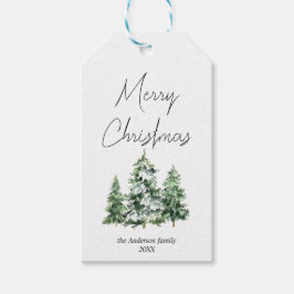 水彩冬の雪の松の木メリークリスマス ギフトタグ