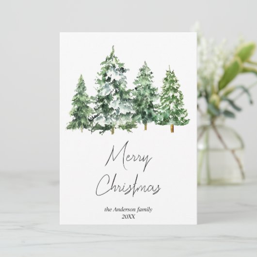 水彩冬の雪の松の木メリークリスマス シーズンカード (スタンド正面)