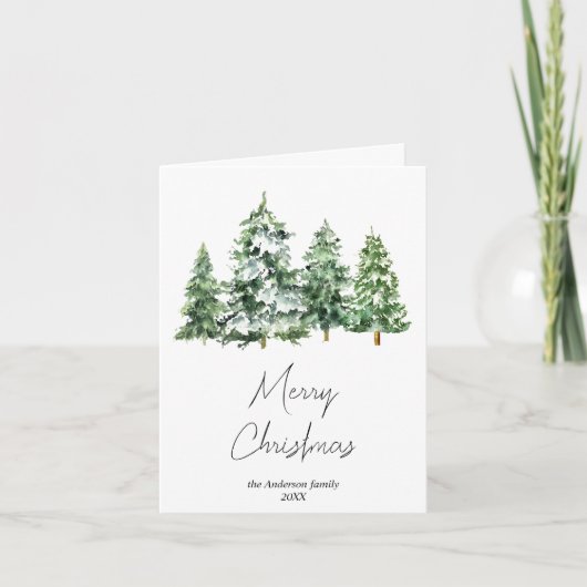 水彩冬の雪の松の木メリークリスマス シーズンカード (正面)