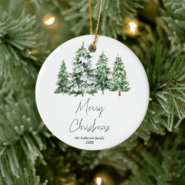 水彩冬の雪の松の木メリークリスマス セラミックオーナメント