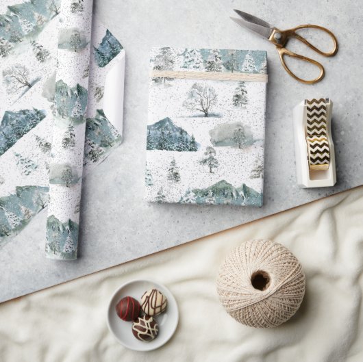 水彩冬の雪の自然ツリー山 ラッピングペーパー (クラフト)
