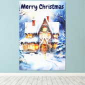 水彩冬の雪の風景クリスマスハウス キャンバスプリント (インサイチュ (ウッドフロア))