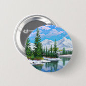水彩冬の雪山の松の木湖 缶バッジ (正面&裏面)