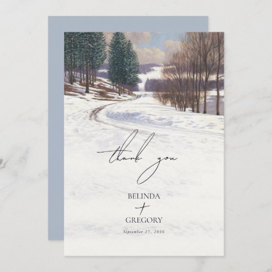 水彩冬の雪景色結婚の風景 サンキューカード (正面/裏面)