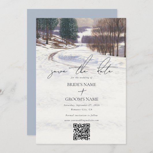 水彩冬の雪景色結婚の風景 セーブザデート (正面/裏面)