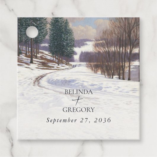 水彩冬の雪景色結婚の風景 フェイバータグ (正面)