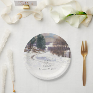 水彩冬の雪景色結婚の風景 ペーパープレート