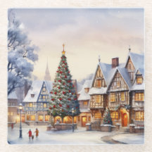 水彩冬の風景クリスマスビレッジ