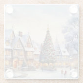 水彩冬の風景クリスマスビレッジ ガラスコースター (裏面)