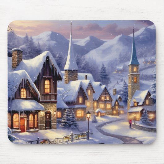水彩冬の風景クリスマスビレッジ マウスパッド (正面)