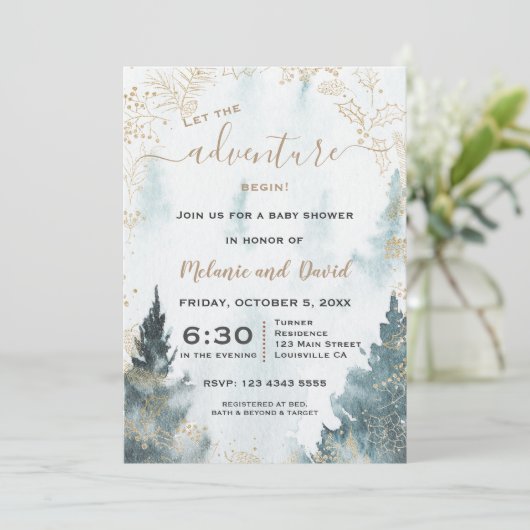 水彩冬の風景金ゴールドリースベビーシャワー 招待状 (スタンド正面)