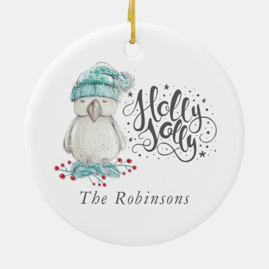水彩冬の鳥ホリークリスマスフォトすてきページ セラミックオーナメント (裏面)