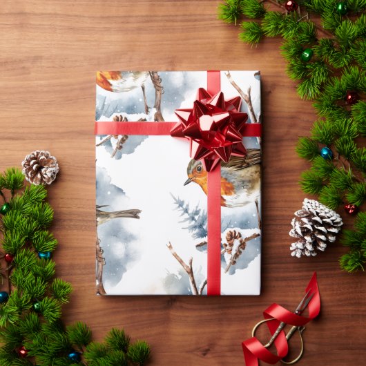 水彩冬イングリッシュロビンバード自然 ラッピングペーパー (クリスマスギフト)