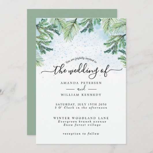 水彩冬エレガントの常緑タイポグラフィ 招待状 (正面/裏面)