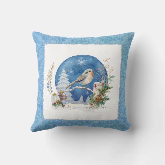 水彩冬エレガント雪バードブルークリスマス クッション (裏面)
