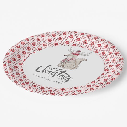 水彩冬キツネクリスマスパーティー ペーパープレート (アングル)