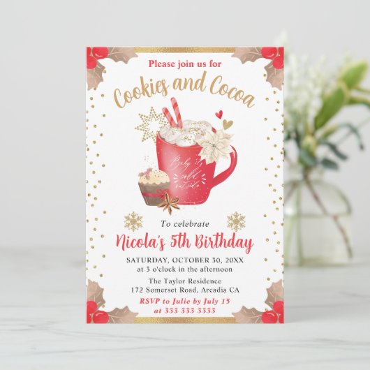 水彩冬クッキーとココア誕生日 招待状 (スタンド正面)