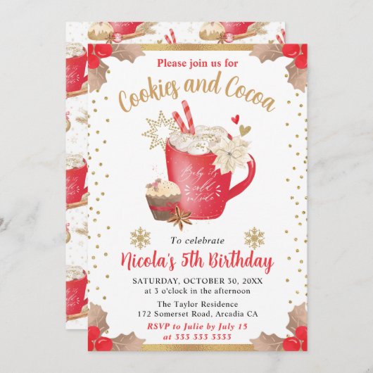 水彩冬クッキーとココア誕生日 招待状 (正面/裏面)