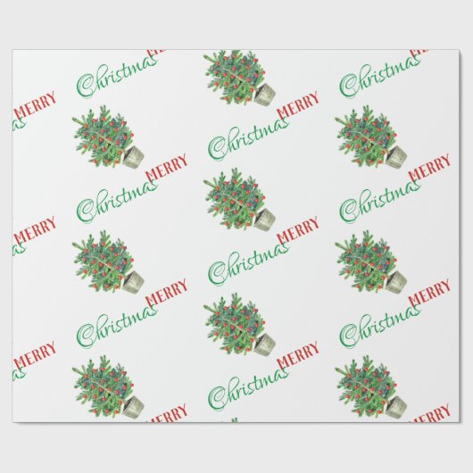 水彩冬クリスマスツリーメリークリスマス ラッピングペーパー (フラット)