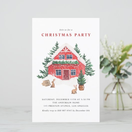 水彩冬コテージクリスマスパーティー招待状 (スタンド正面)