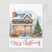 水彩冬シーンメリークリスマスタイポグラフィ ポストカード (正面)