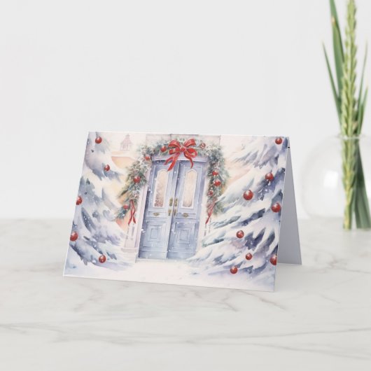 水彩冬ドア付きクリスマスオーナメント シーズンカード (正面)