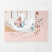 水彩冬フローラオン赤面ピンク写真 三つ折りクリスマスカード (カバー)