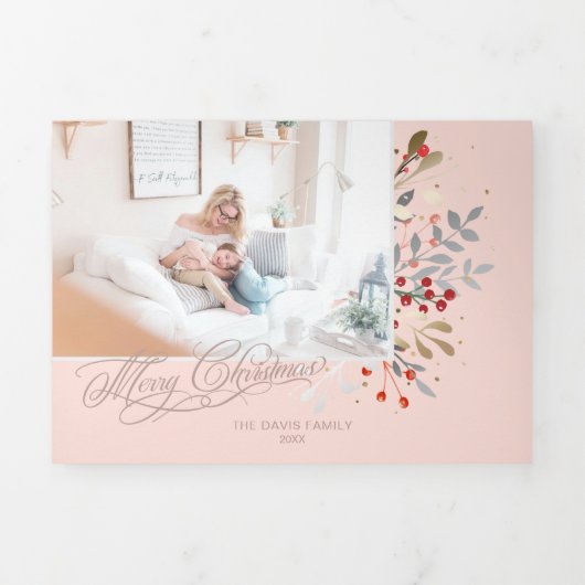 水彩冬フローラオン赤面ピンク写真 三つ折りクリスマスカード (カバー)