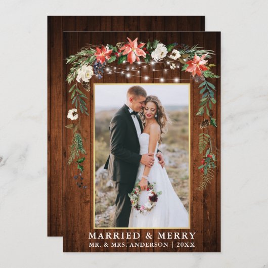 水彩冬フローラ木材金ゴールドメリー シーズンカード (正面/裏面)