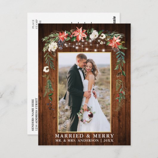 水彩冬フローラ木材金ゴールドメリー ポストカード (正面/裏面)