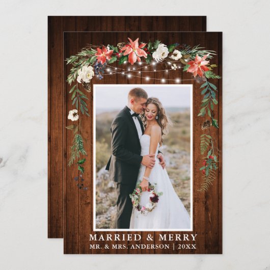水彩冬フローラ結婚した木材メリーと シーズンカード (正面/裏面)