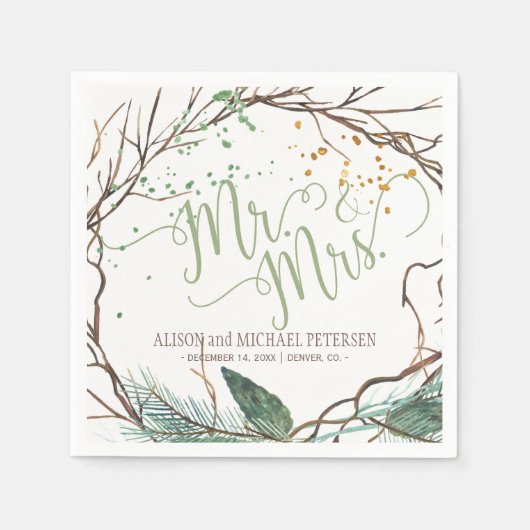 水彩冬リースmrとmrs script 結婚's スタンダードカクテルナプキン (正面)