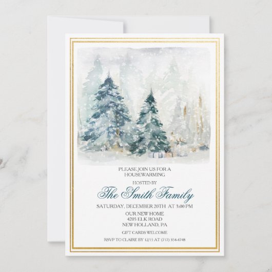 水彩冬引っ越し祝いパーティー招待状 (正面)