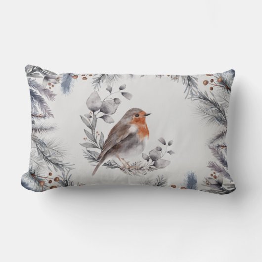 水彩冬絵を描鳥のパーチパインバウ ランバークッション (正面)