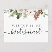 水彩冬緑の松の木と白い花 インビテーションポストカード (正面)