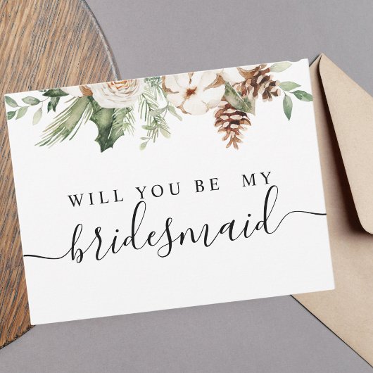 水彩冬緑の松の木と白い花 インビテーションポストカード