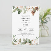 水彩冬緑の松の木と白い花 招待状 (スタンド正面)