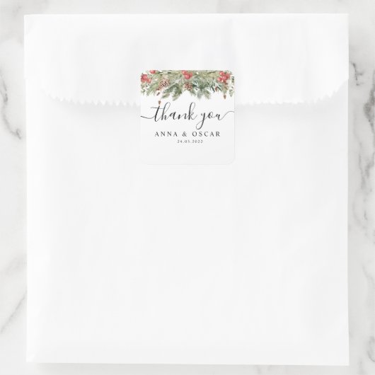 水彩冬緑松と松の木 スクエアシール (バッグ)