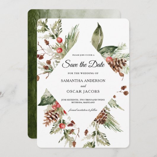 水彩冬緑松と松の木 セーブザデート (正面/裏面)