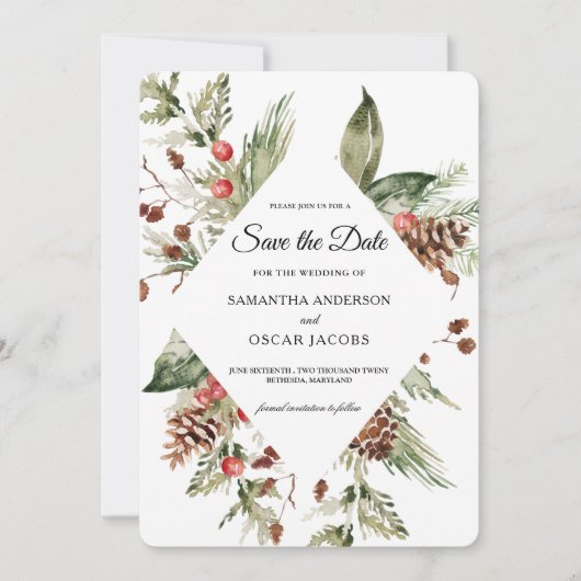 水彩冬緑松と松の木 セーブザデート (正面)