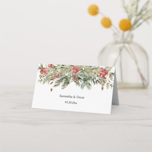 水彩冬緑松と松の木 プレイスカード (裏面)