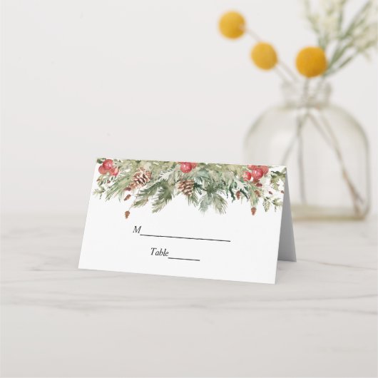 水彩冬緑松と松の木 プレイスカード (正面)