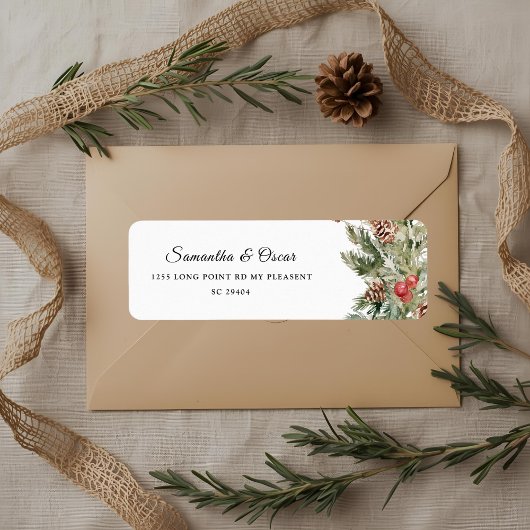 水彩冬緑松と松の木 ラベル